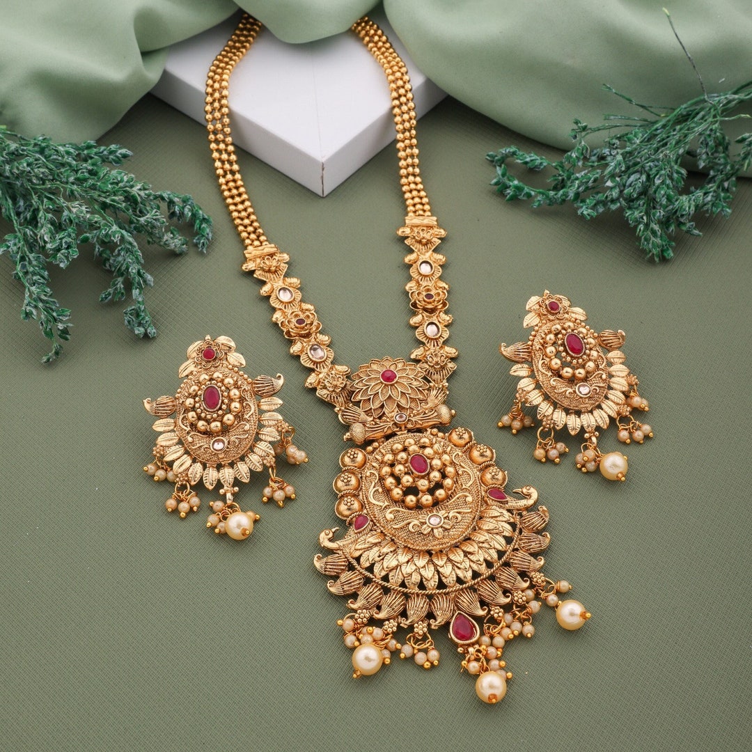 Gold Plated Rajvadi Set, Indian Gold Plated Necklace and Earring Set, Rajvadi Gold Plated Set