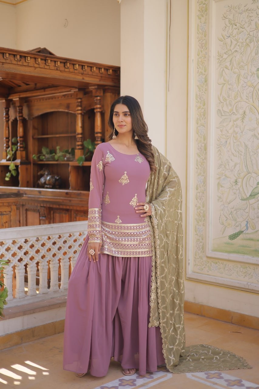 Pure Natural Crepe With Embroidery Sequence Work And Less Border Dupatta Type Sharara Palazzo Dress