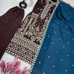 Green Designer Chinon Silk Pant Suit With Embroider Work