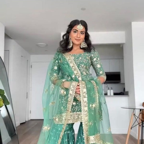 Indian Readymade, Georgette Fabric, USA Women Salwar Kameez, Designer Green Punjabi Suit, Pakistani Designer Ethnic Wear Kurta For Women