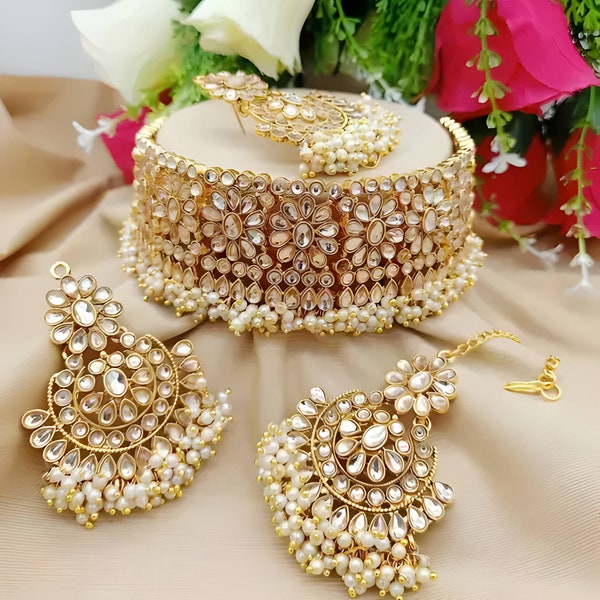 Ensemble ras de cou Kundan, collier ras de cou traditionnel indien Kundan plaqué or avec boucles d'oreilles-Mang Teeka, collier miroir de style Bollywood bijoux