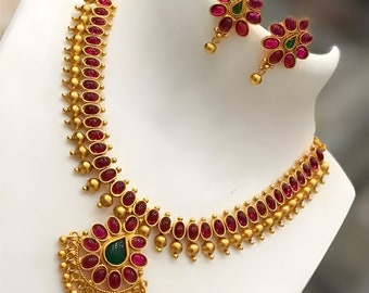 Gold Plated Matte Finish Laxmi South indian Temple Jewellery, Indian Traditional Gold Plated Necklace Set, South Indian Necklace Set,