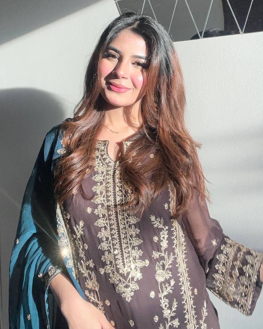 Graceful Brown Chinon Silk Suit Set Embroidery Detail with Palazzo & Dupatta - Buy