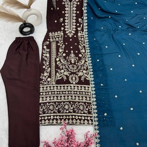 Dark Blue Designer Chinon Silk Pant Suit With Embroidery Work