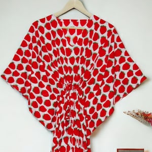Strawberry Kaftan dress, Women hippo Dress Long Caftan,Dress Beach Cover up, Strawberry Hand Block Print Sleepwear Maxi Dress Kimono Rabe