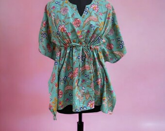 Zomer korte kaftanjurk tuniek strand katoenen top hand blokprint kaftan