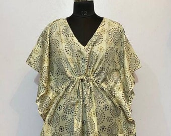 Caftan long en soie imprimée, à cordon de serrage, robe d'été, grandes tailles, tenue de vacances.