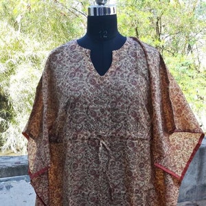 Night Dress For Women, Indian Vintage Silk Kaftan Long Maxi Gown, Floral Print Plus Size