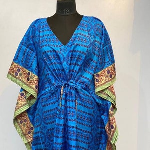 Night Dress For Women, Indian Vintage Silk Kaftan Long Maxi Gown, Floral Print Plus Size
