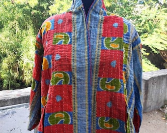 Vintage Kantha Jacke: Handgemachte geblümte Baumwolljacke von Gr. S-XL