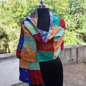 Kantha Stitch Silk Scarf: Reversible Vintage Sari Wrap