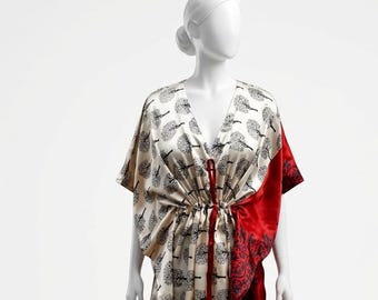 Handmade Art Silk Kaftan, Plus Size Maxi Dress, Drawstring Waist, Luxury Loung Bohemian Dress