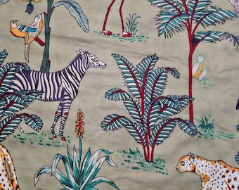 Hand Block Print Cotton Fabric, Jungle Animals, Palm Trees, By the Yard