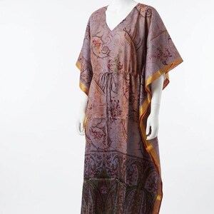 Art Silk Kaftan Dress, Free Size V-Neck Long Caftan, Boho Maxi Lounge Dress, Ethnic Paisley Print Resort Wear, Women's Summer Cover Up image 2
