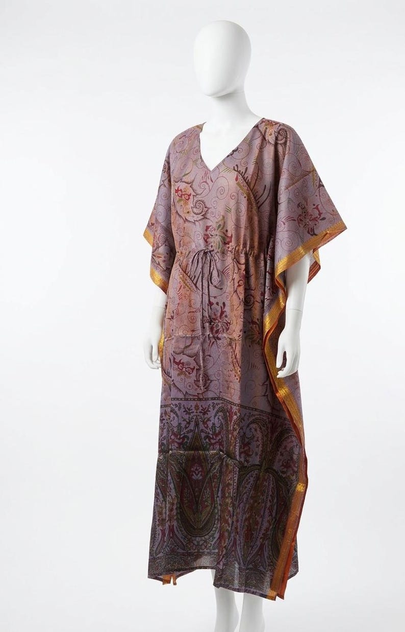 Art Silk Kaftan Dress, Free Size V-Neck Long Caftan, Boho Maxi Lounge Dress, Ethnic Paisley Print Resort Wear, Women's Summer Cover Up image 2