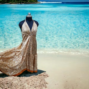 Vestido de verão, tamanho livre, vestido de verão, vestido longo de seda, moda boho de verão, festival hippie, roupa de festa, moda, vestido de seda sari reciclado