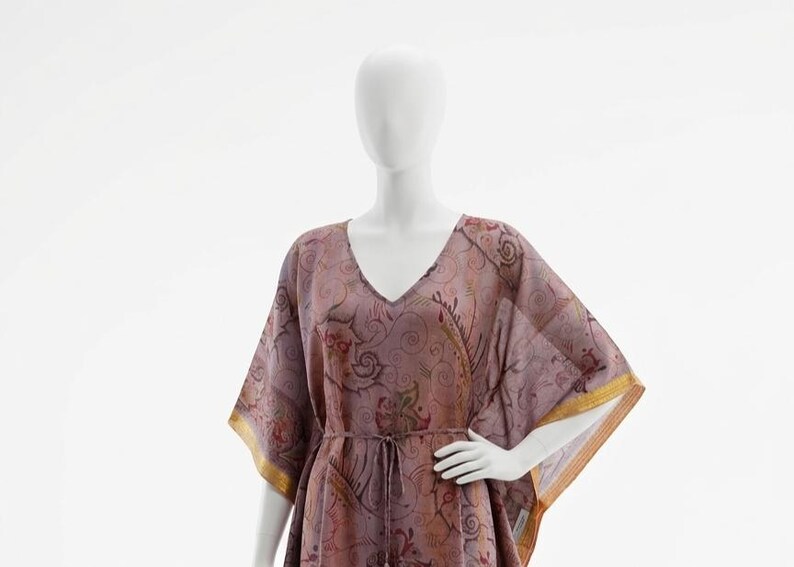 Art Silk Kaftan Dress, Free Size V-Neck Long Caftan, Boho Maxi Lounge Dress, Ethnic Paisley Print Resort Wear, Women's Summer Cover Up image 5
