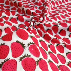 Red Strawberry print fabric, dress making fabric, Beach Cover up, Strawberry Hand Block Print fabric, best for all, dress, fabric By Yard