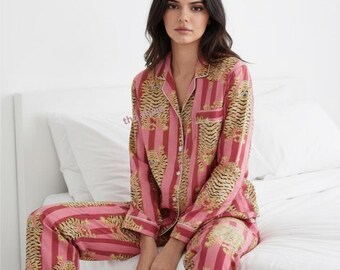 Pajama Set, tiger print, Hand Block Printed Cotton Nightwear S-XL all