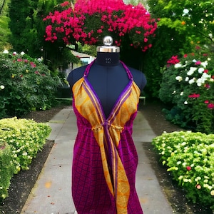 Vestido boho tamanho livre, vestido de verão, vestido longo de seda, moda de verão boho, festival hippie, roupa de festa, moda, vestido de seda sari reciclado