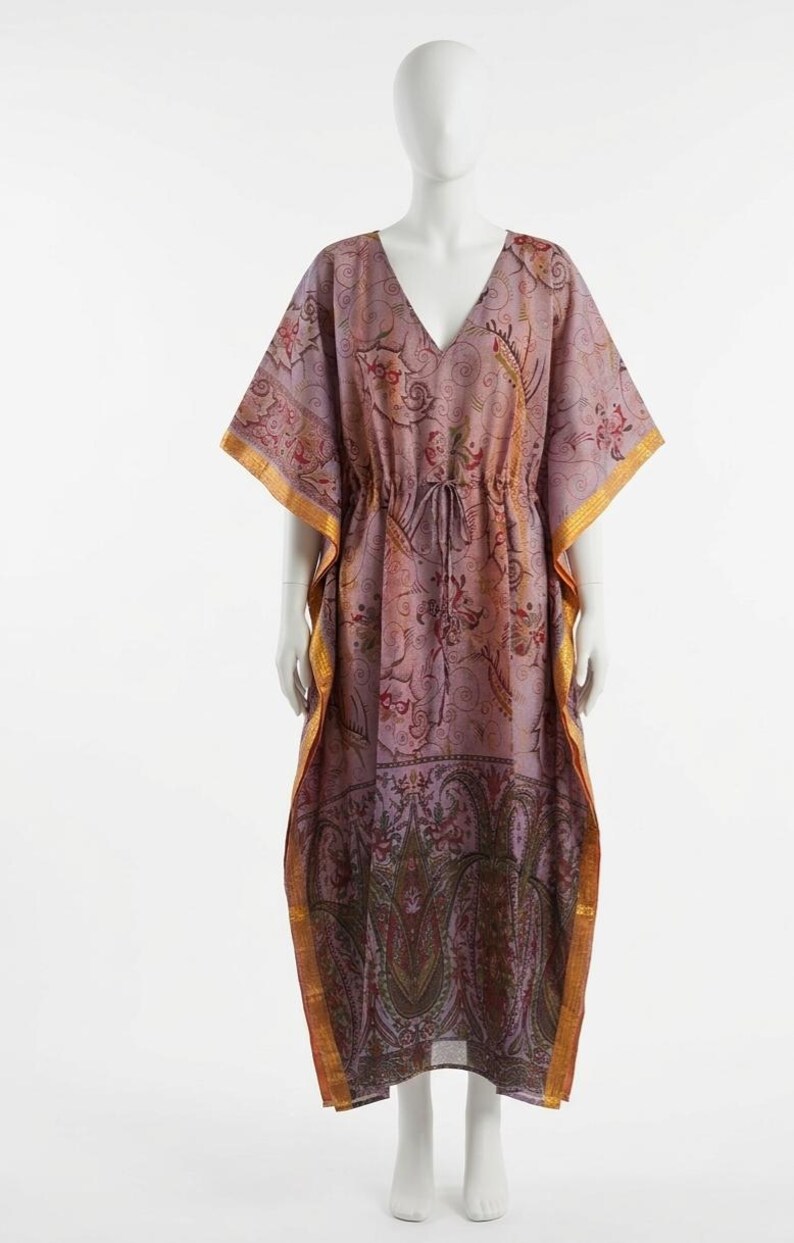 Art Silk Kaftan Dress, Free Size V-Neck Long Caftan, Boho Maxi Lounge Dress, Ethnic Paisley Print Resort Wear, Women's Summer Cover Up image 1