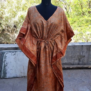 Night Dress For Women, Indian Vintage Silk Kaftan Long Maxi Gown, Floral Print Plus Size