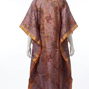 Art Silk Kaftan Dress, Free Size V-Neck Long Caftan, Boho Maxi Lounge Dress, Ethnic Paisley Print Resort Wear, Women's Summer Cover Up image 3