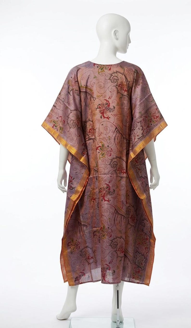Art Silk Kaftan Dress, Free Size V-Neck Long Caftan, Boho Maxi Lounge Dress, Ethnic Paisley Print Resort Wear, Women's Summer Cover Up image 3