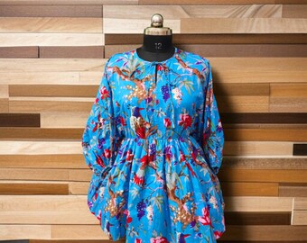 Bird Hand Print Cotton Dress, Party Dress: Floral Hippie Summer Wear,