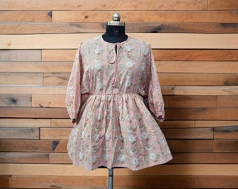 hand Print Cotton Dress: Floral Hippie Summer Wear,