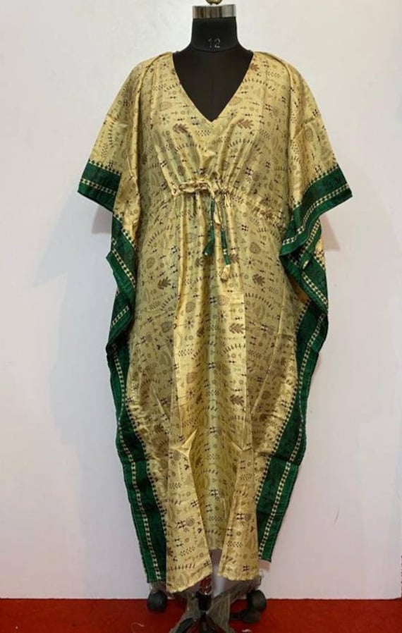 Art Silk Kaftan Dress, Green Gold Long Caftan, V-Neck, Vacation Resort Wear, Women's Nightgown