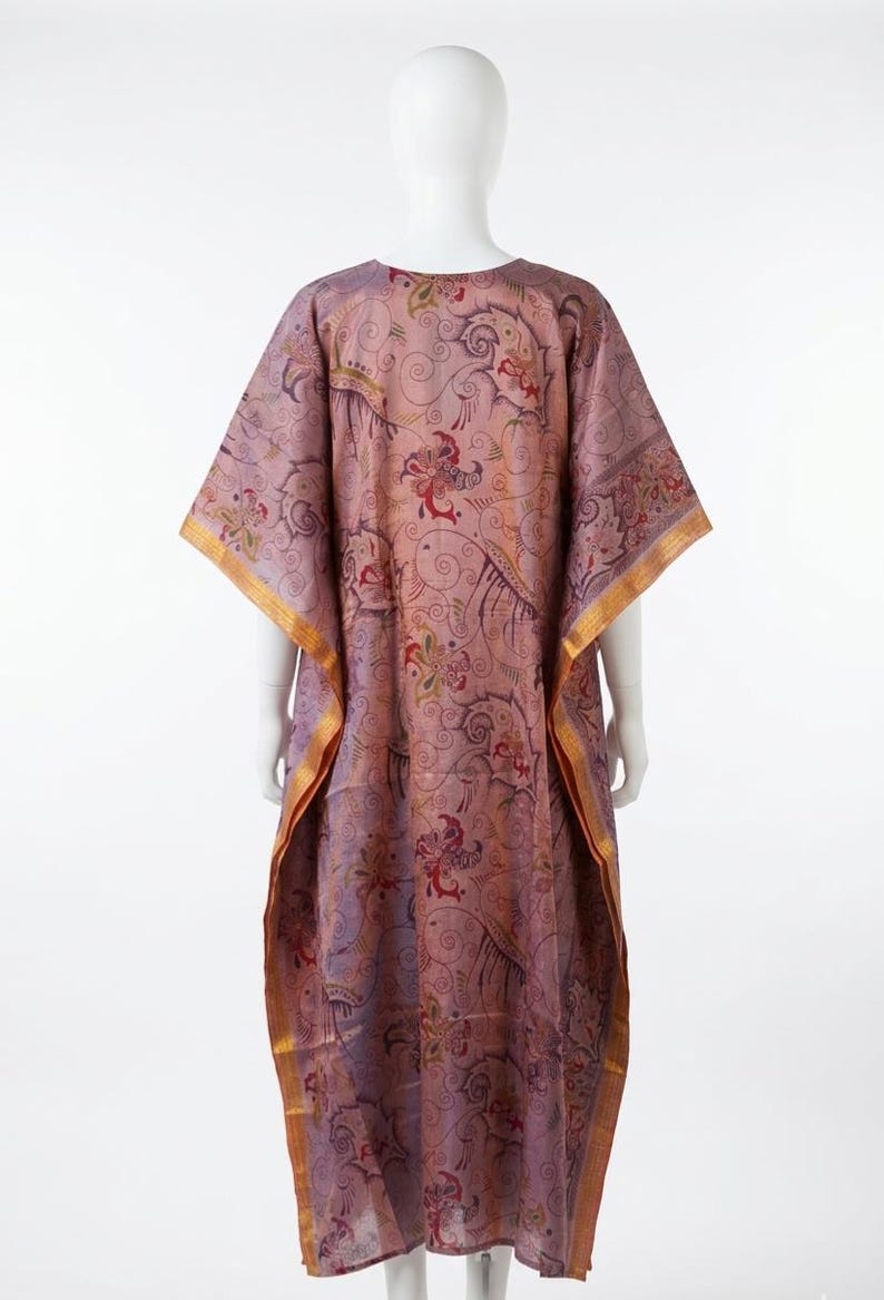 Art Silk Kaftan Dress, Free Size V-Neck Long Caftan, Boho Maxi Lounge Dress, Ethnic Paisley Print Resort Wear, Women's Summer Cover Up image 4