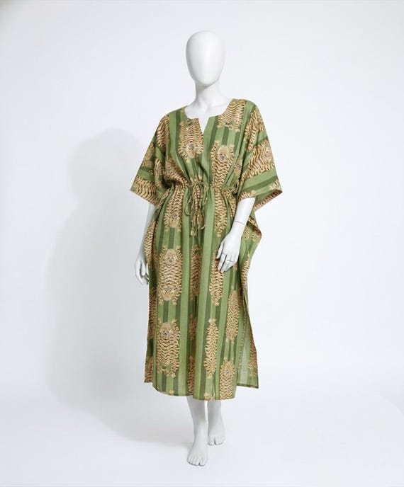 green tiger dress Cotton Kaftan, Striped Maxi Dress, Beach Cover Up, Drawstring Waist Resort Wear metallic dress womens