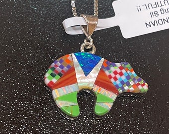 Inlaid bear pendant and silver chain