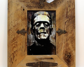 Frankenstein Monster Art: Repurposed Barn Wood Frame, Gothic Horror Decor