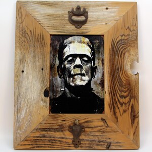 Art de monstre de Frankenstein : cadre en bois de grange reconverti, décor d&#39;horreur gothique