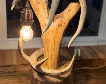 Handcrafted Rustic Antler Log Lamp: Cabin Lodge Art Decor