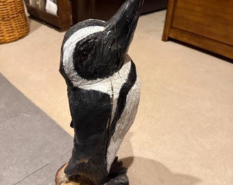 Hand-Carved Wooden Baby Penguin – Chainsaw Carving.