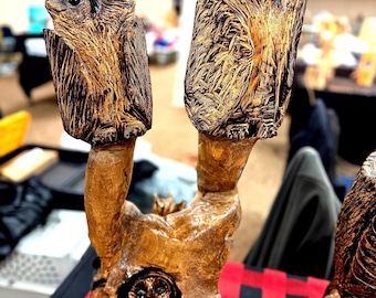 Chainsaw Carved Owl Family Sculpture: Red Oak Wood Art (30 inch)