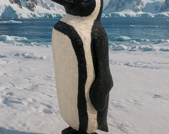 Chainsaw Carved Life-Sized Humboldt Penguin Sculpture: 4 Feet Tall One piece of wood hand carved
