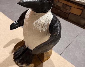 Hand-Carved Wooden Baby Penguin – Chainsaw Carving.