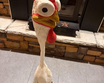 Hand-Carved Wooden Pop-Art Chicken Sculpture  – Chainsaw Carving