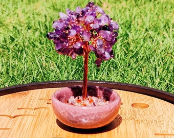 AMETHIST CRYSTAL TREE met Ice Crack Teacup, Feng Shui Tree Gift, Enchanted Healing Crystal, Zinvol Reiki Gift, Tafel Decor, Chakra Gift