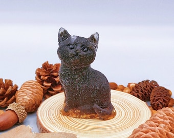 OBSIDIAN CAT、天然クリスタル宝石樹脂猫フィギュア、樹脂猫像、動物トーテム、猫好き、室内装飾、レイキとチャクラのバランス