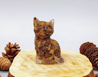 タイガーアイキャット、天然クリスタルジェムストーン樹脂猫フィギュア、猫の像、動物トーテム、猫好き、室内装飾、レイキとチャクラのバランス