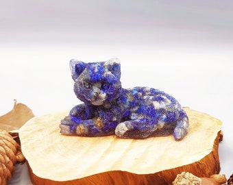 ラピスラズリ猫、天然クリスタルチップ樹脂猫フィギュア、猫の像、動物トーテム、猫好き、ホームデコレーション、レイキとチャクラのバランス調整