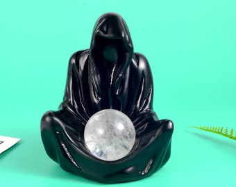 ブラックウィザードとリーパースタンド、天然水晶玉付き、瞑想用球体ホルダー、スピリチュアルヒーリングエッセンシャル、魔女のハロウィンギフト