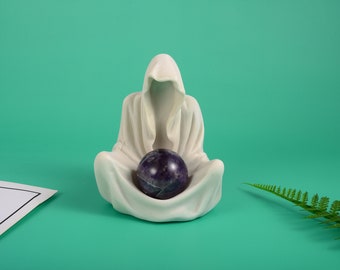 ホワイトウィザードとリーパースタンド、天然クリスタルボール付き、瞑想用球体ホルダー、スピリチュアルヒーリングエッセンシャル、魔女のハロウィンギフト