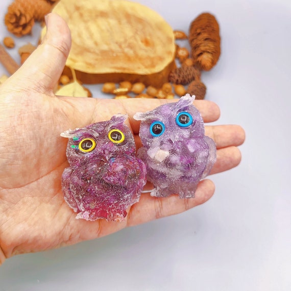 天然クリスタルフクロウ、アメジストチップ樹脂フクロウフィギュア