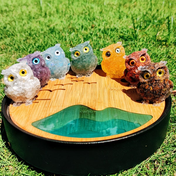 CRYSTAL OWLS SET, 7 Pcs Natural Gemstone Resin Owl Figure, Resin Owl Statue, Animal Totem, Owl Gift, Home Decor, Reiki and Chakra Balancing